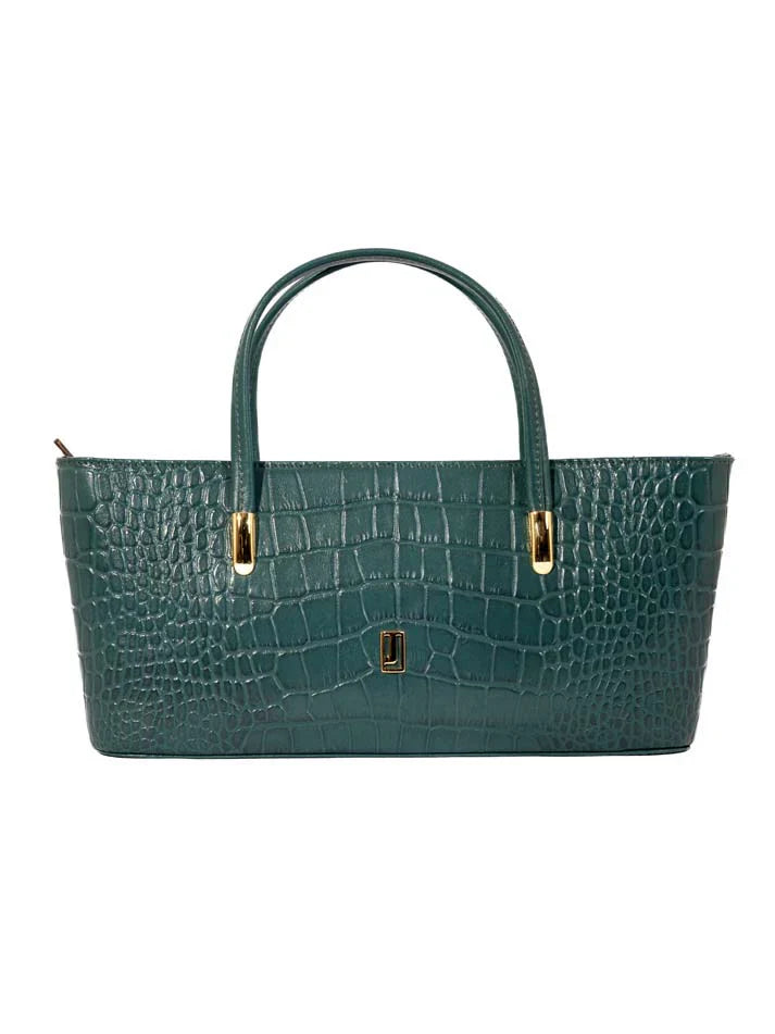 Camellia Handbag – Crocodile-Embossed Leather Tote with Gold-Tone Accents